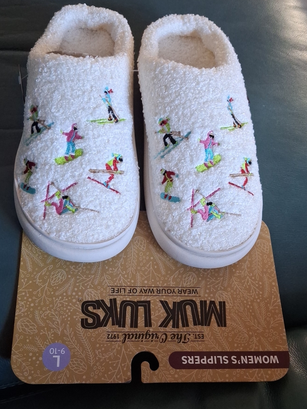 Muk Luks Terry Slip-On Slippers with Colorful Ski Embroidery